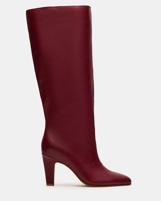 RIZK Burgundy Leather Knee-High Rounded Toe Heeled Women's Boot - Steve Madden