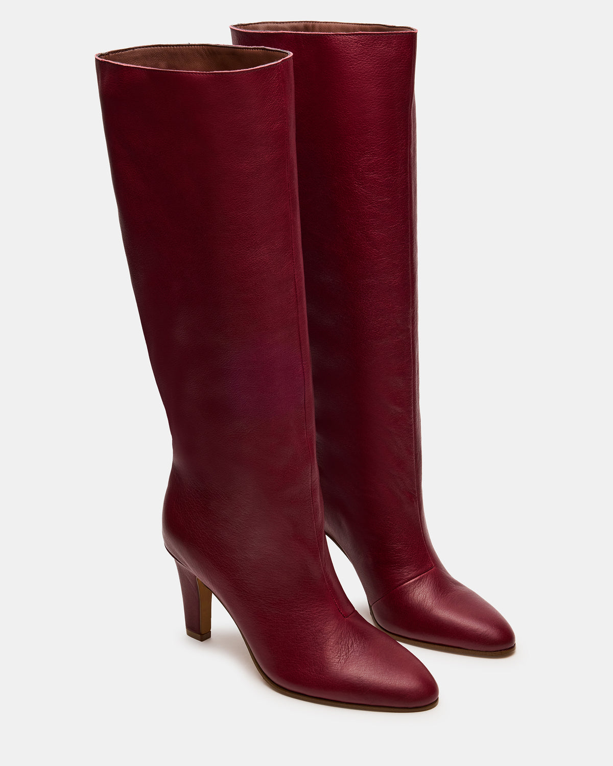 RIZK Burgundy Leather Knee-High Rounded Toe Heeled Women's Boot - Steve Madden