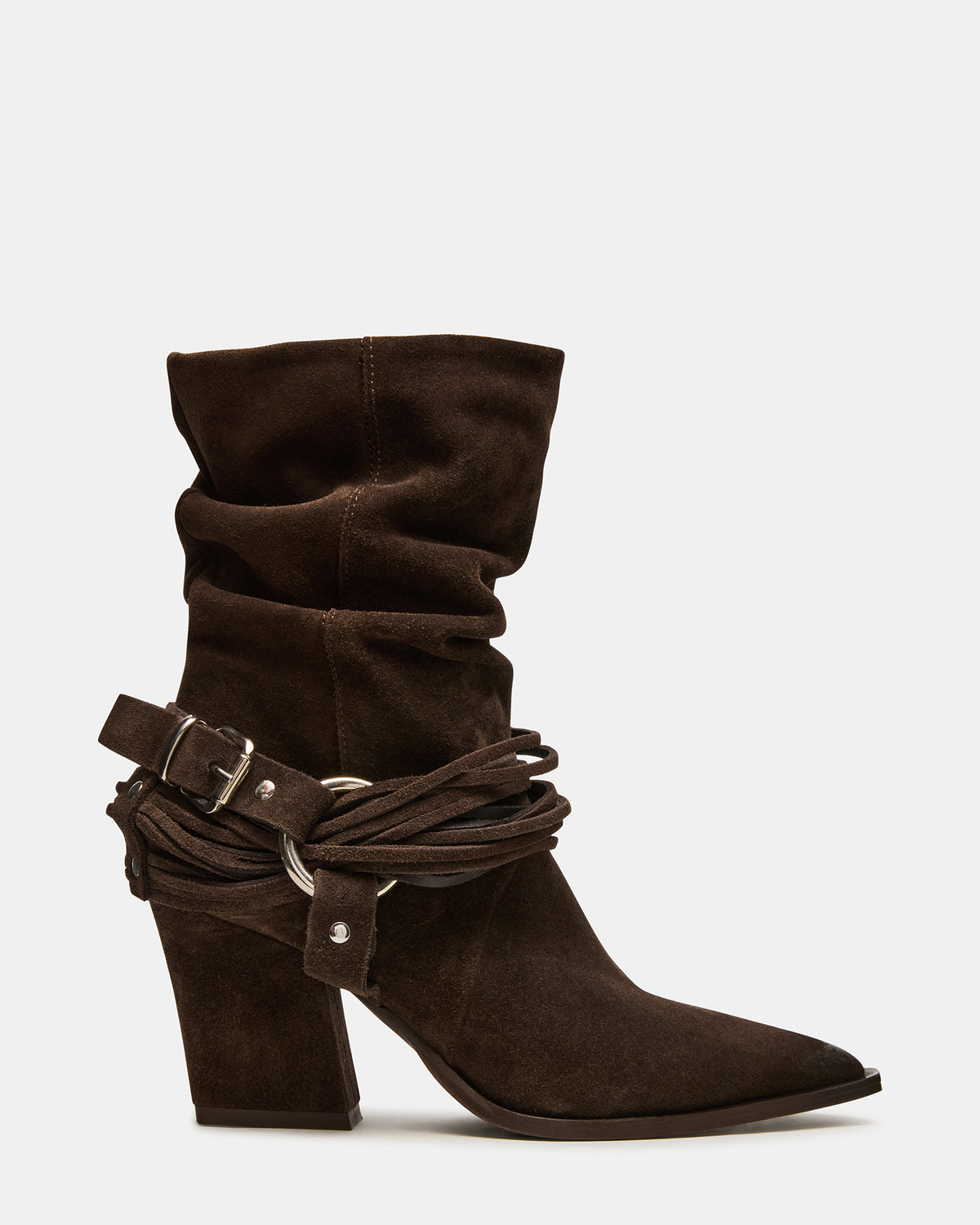 LAUPER Dark Taupe Suede Pointed-Toe Heeled Buckle Women's Ankle Boot - Steve Madden