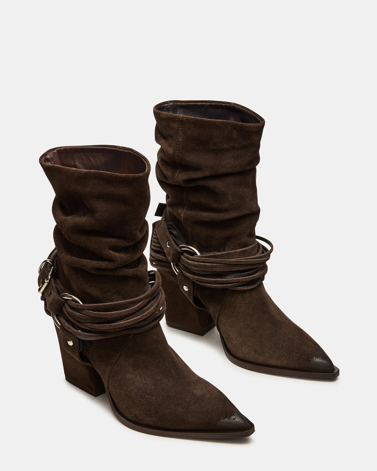 LAUPER Dark Taupe Suede Pointed-Toe Heeled Buckle Women's Ankle Boot - Steve Madden
