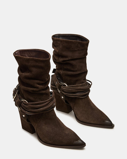 LAUPER Dark Taupe Suede Pointed-Toe Heeled Buckle Women's Ankle Boot - Steve Madden