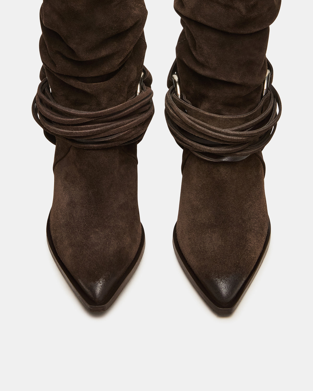 LAUPER Dark Taupe Suede Pointed-Toe Heeled Buckle Women's Ankle Boot - Steve Madden