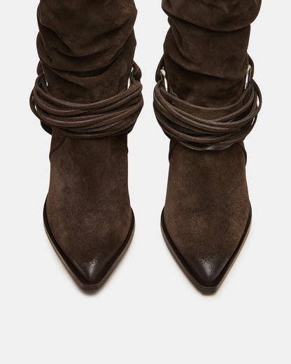 LAUPER Dark Taupe Suede Pointed-Toe Heeled Buckle Women's Ankle Boot - Steve Madden
