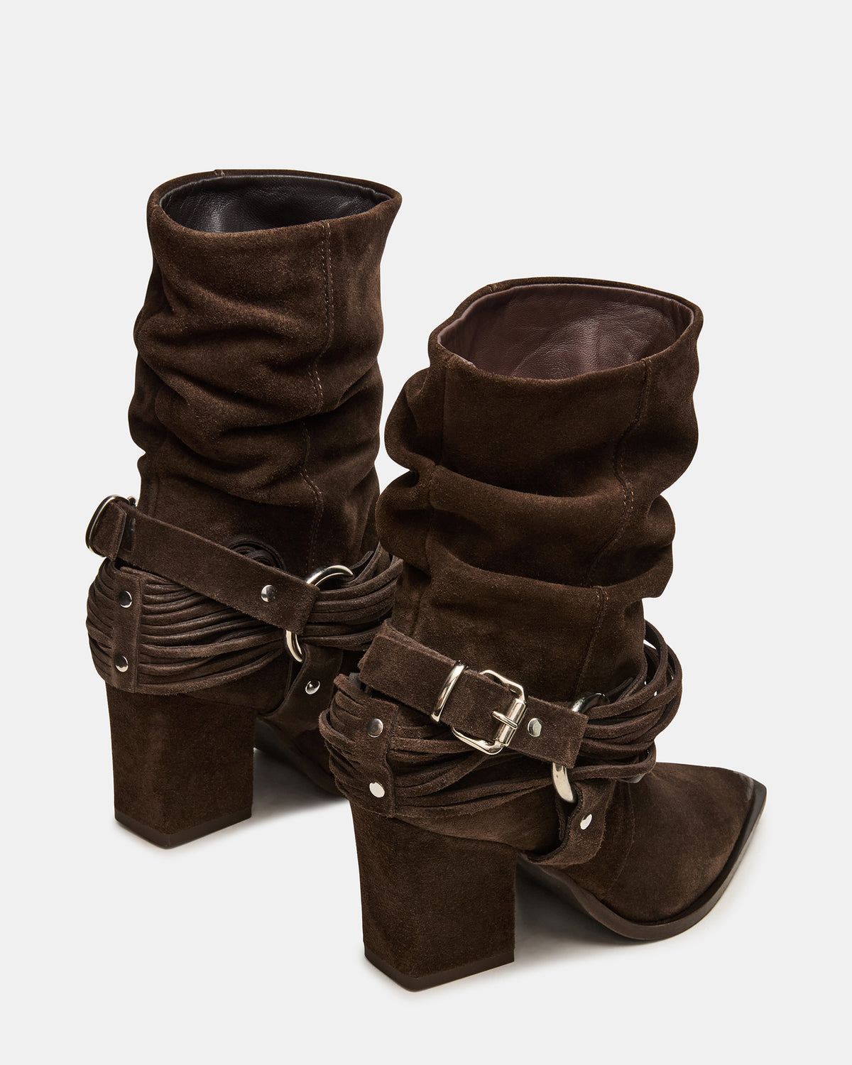 LAUPER Dark Taupe Suede Pointed-Toe Heeled Buckle Women's Ankle Boot - Steve Madden