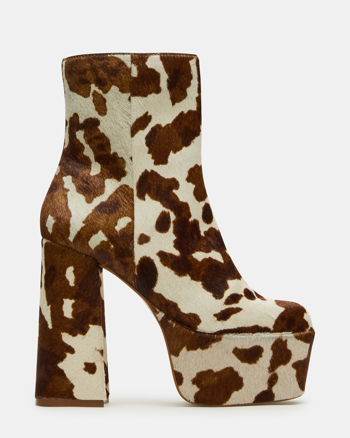 TRILLION Brown Cow Print Platform Square-Toe Block Heel Women's Ankle Boot - Steve Madden