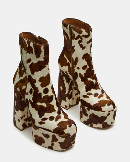 TRILLION Brown Cow Print Platform Square-Toe Block Heel Women's Ankle Boot - Steve Madden