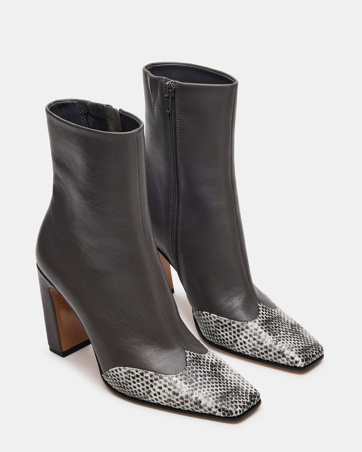 LYLE Grey Leather Square-Toe Heeled Women's Ankle Boot - Steve Madden
