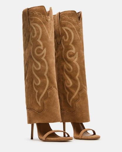RAVINE Western Tan Suede Knee-High Cuffed Stiletto Heel Women's Boot - Steve Madden