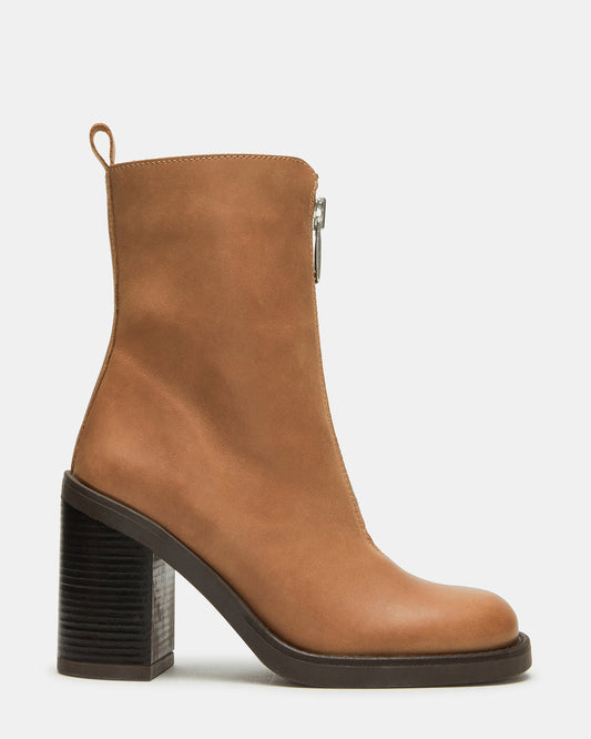 DECLAN Cognac Leather Block Heeled Ankle Boot | Women's Booties - Steve Madden