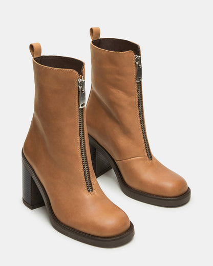 DECLAN Cognac Leather Block Heeled Ankle Boot | Women's Booties - Steve Madden