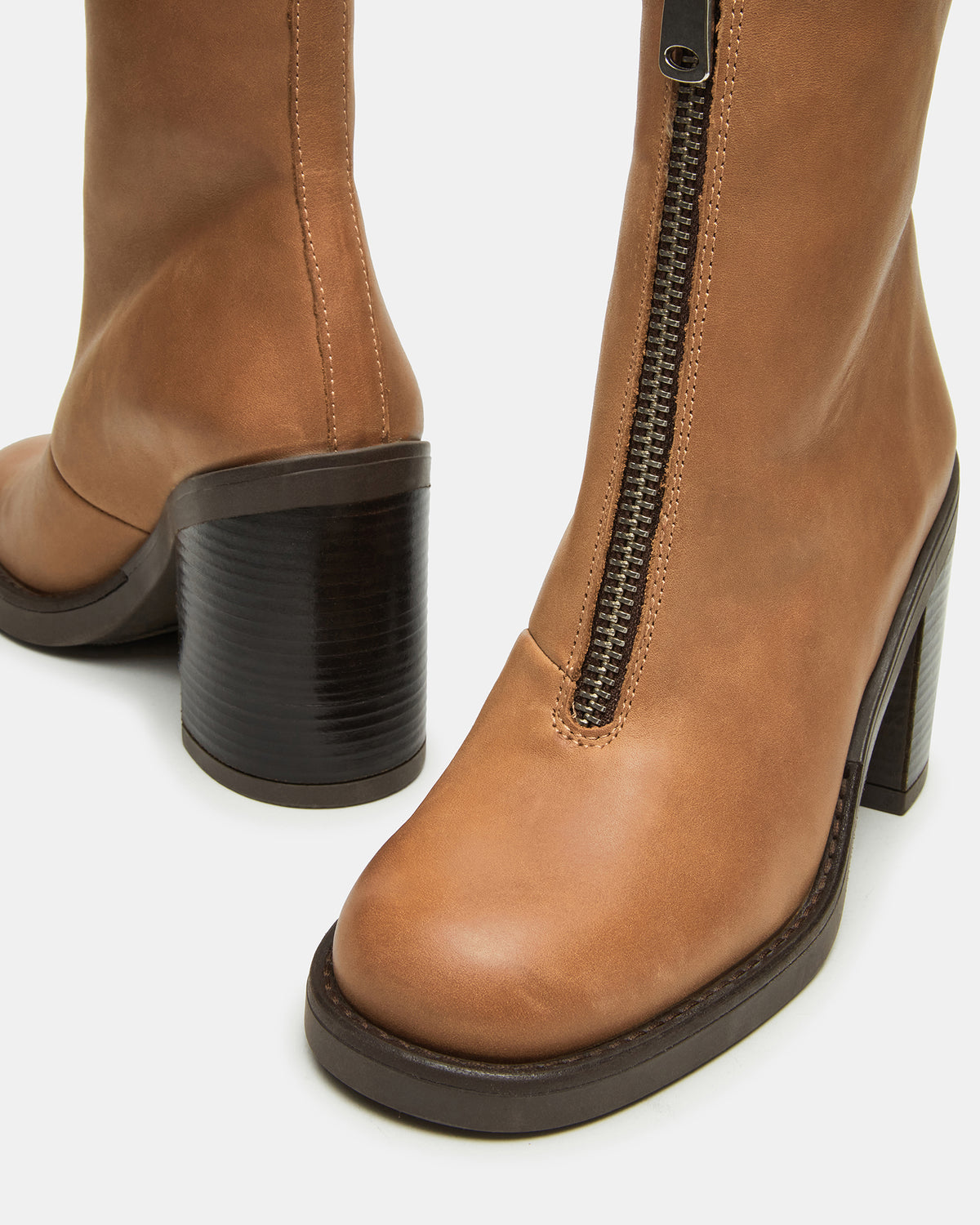 DECLAN Cognac Leather Block Heeled Ankle Boot | Women's Booties - Steve Madden