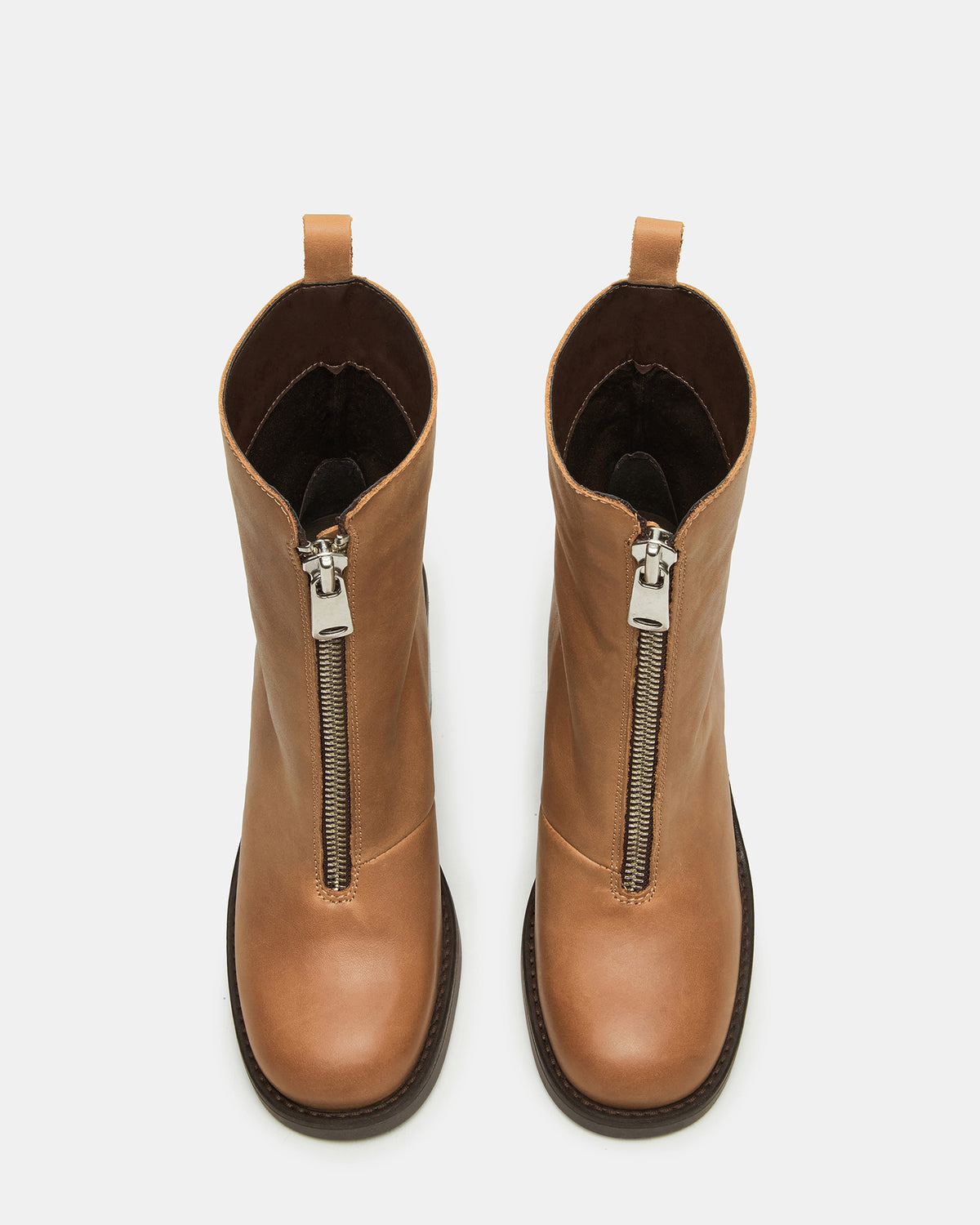 DECLAN Cognac Leather Block Heeled Ankle Boot | Women's Booties - Steve Madden