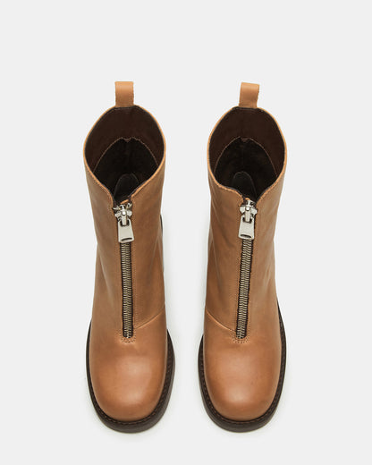 DECLAN Cognac Leather Block Heeled Ankle Boot | Women's Booties - Steve Madden