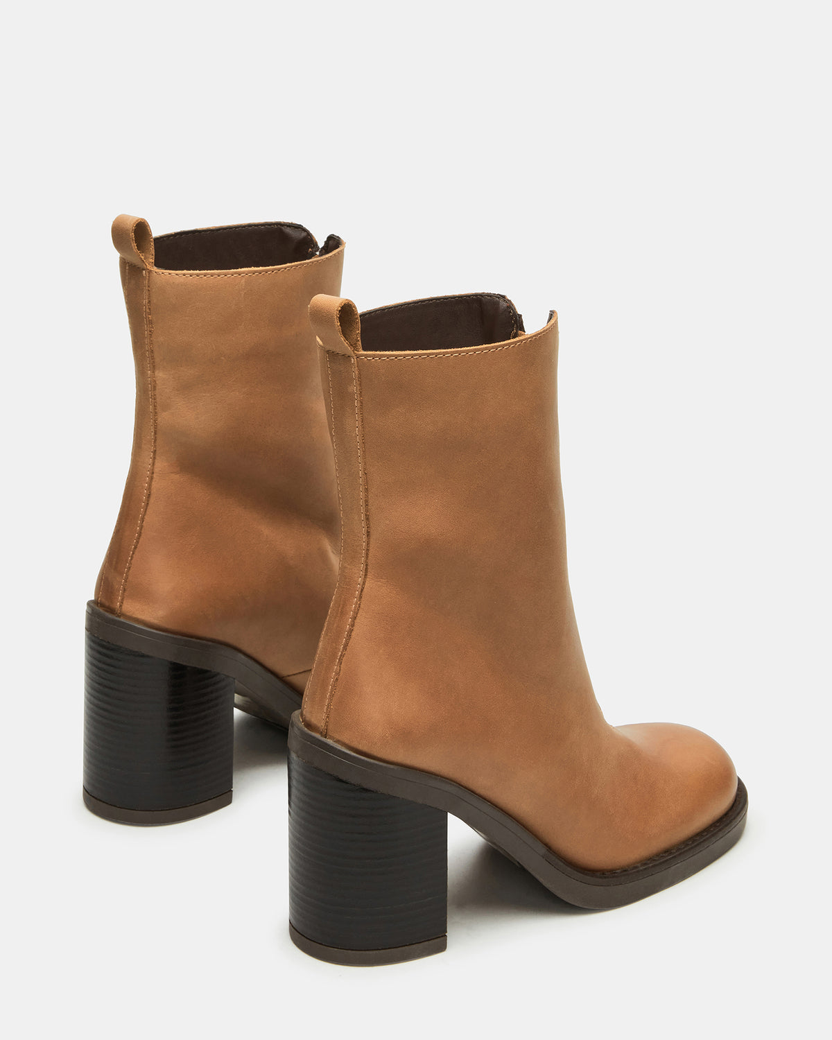 DECLAN Cognac Leather Block Heeled Ankle Boot | Women's Booties - Steve Madden