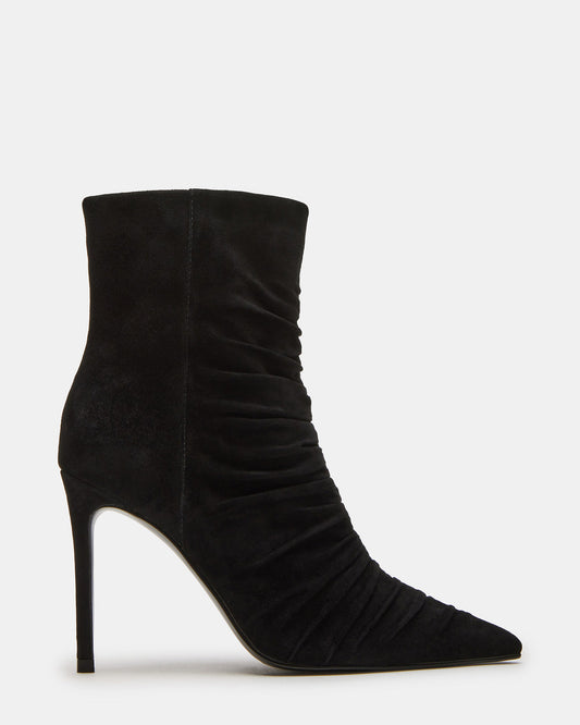 TEASE Black Suede Ruched Pointed Toe Ankle Boot | Women's Booties - Steve Madden