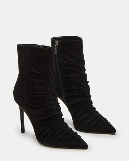 TEASE Black Suede Ruched Pointed Toe Ankle Boot | Women's Booties - Steve Madden