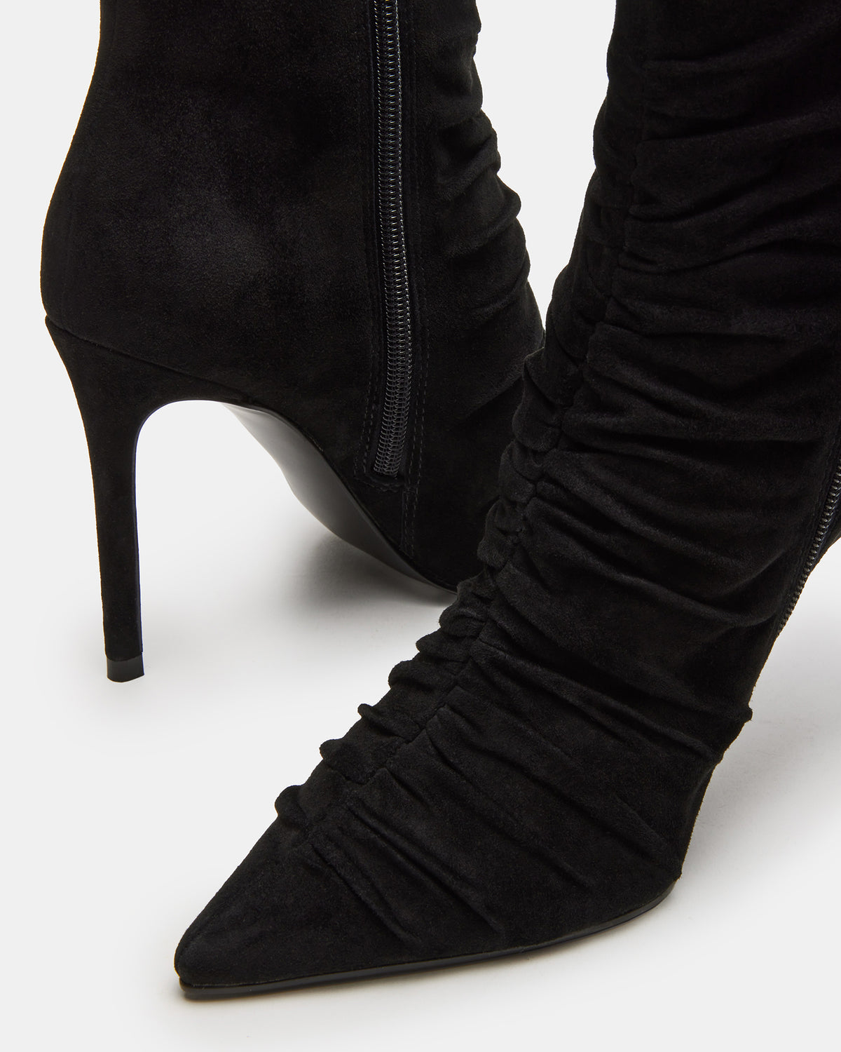 TEASE Black Suede Ruched Pointed Toe Ankle Boot | Women's Booties - Steve Madden