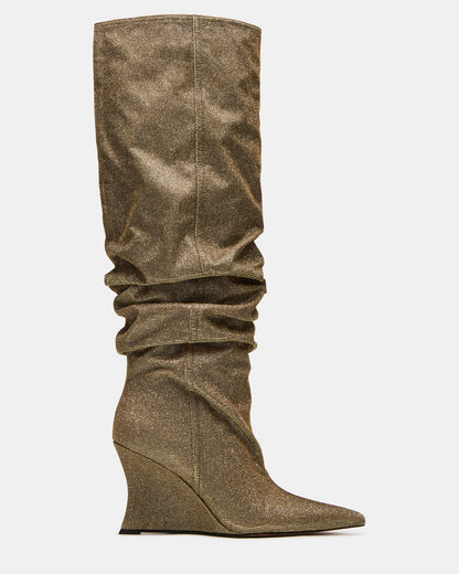 DISTORTION Gold Glitter Pointed-Toe Scrunched Knee-High Wedge Women's Boot - Steve Madden