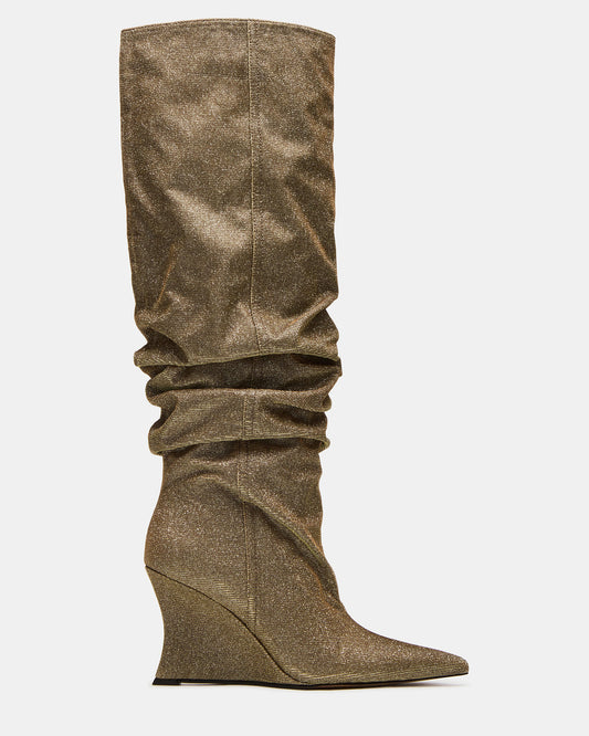 DISTORTION Gold Glitter Pointed-Toe Scrunched Knee-High Wedge Women's Boot - Steve Madden
