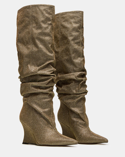 DISTORTION Gold Glitter Pointed-Toe Scrunched Knee-High Wedge Women's Boot - Steve Madden