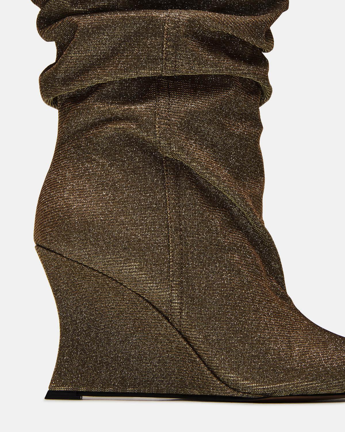 DISTORTION Gold Glitter Pointed-Toe Scrunched Knee-High Wedge Women's Boot - Steve Madden