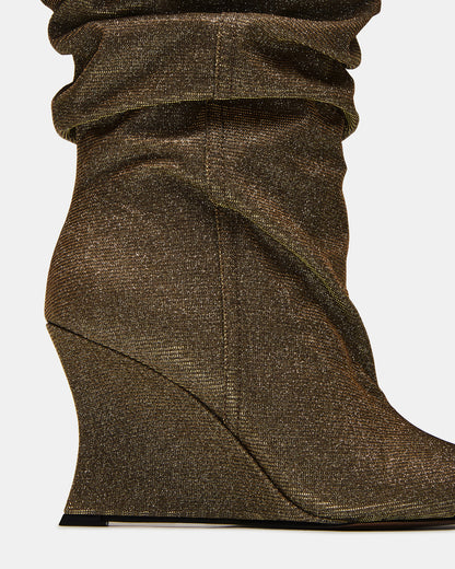 DISTORTION Gold Glitter Pointed-Toe Scrunched Knee-High Wedge Women's Boot - Steve Madden