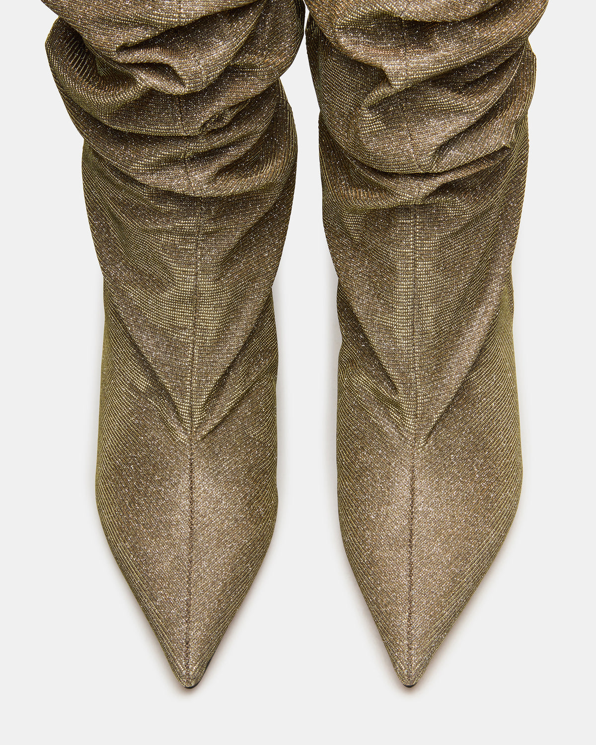 DISTORTION Gold Glitter Pointed-Toe Scrunched Knee-High Wedge Women's Boot - Steve Madden