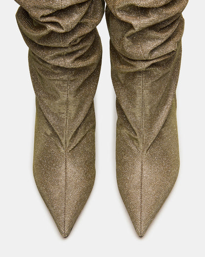 DISTORTION Gold Glitter Pointed-Toe Scrunched Knee-High Wedge Women's Boot - Steve Madden