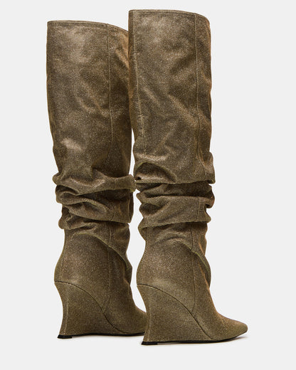 DISTORTION Gold Glitter Pointed-Toe Scrunched Knee-High Wedge Women's Boot - Steve Madden