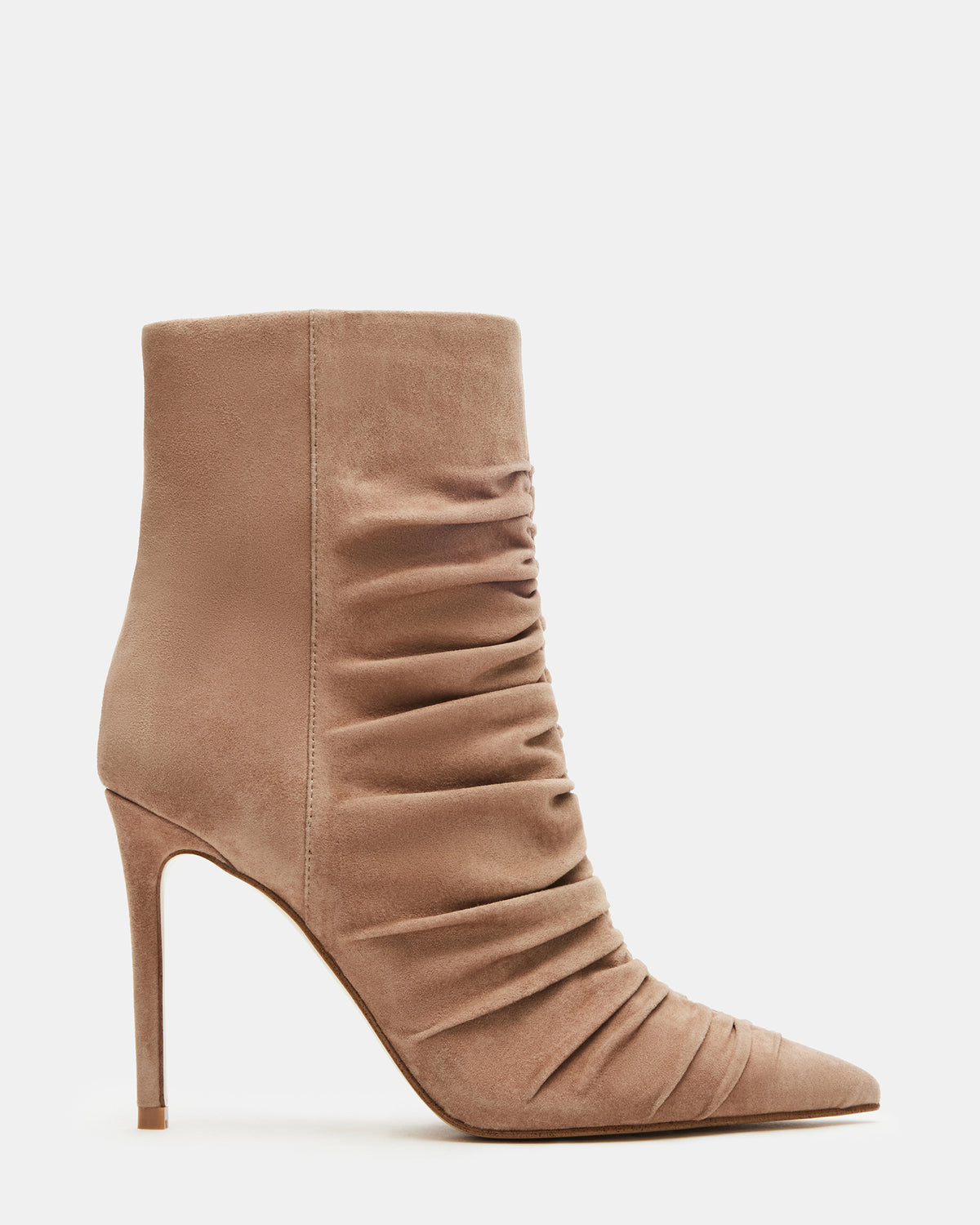 TEASE Taupe Suede Ruched Pointed Toe Ankle Boot | Women's Booties - Steve Madden