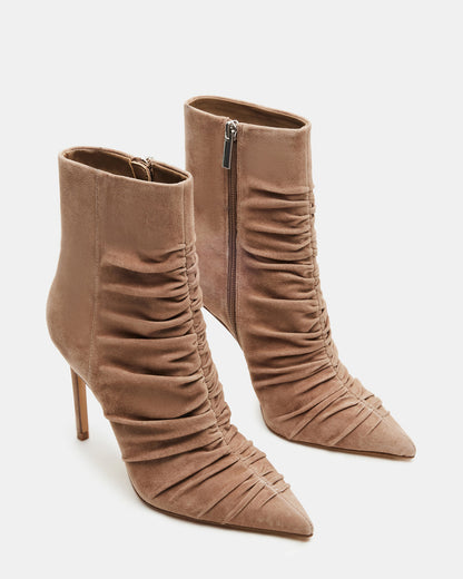 TEASE Taupe Suede Ruched Pointed Toe Ankle Boot | Women's Booties - Steve Madden