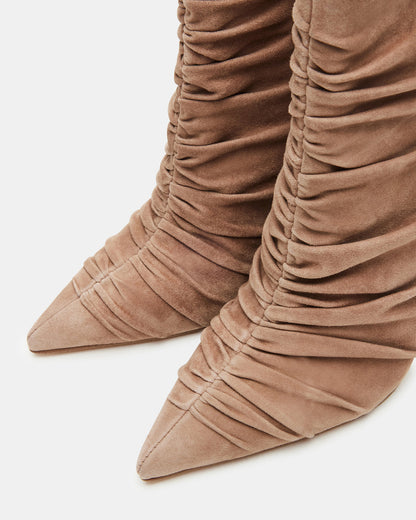 TEASE Taupe Suede Ruched Pointed Toe Ankle Boot | Women's Booties - Steve Madden