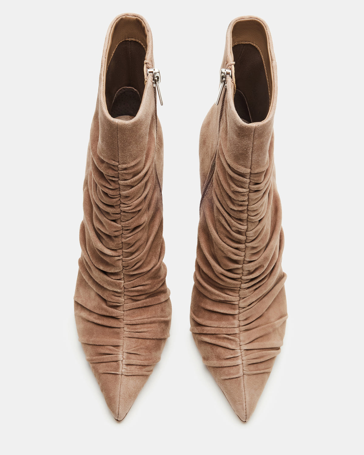 TEASE Taupe Suede Ruched Pointed Toe Ankle Boot | Women's Booties - Steve Madden