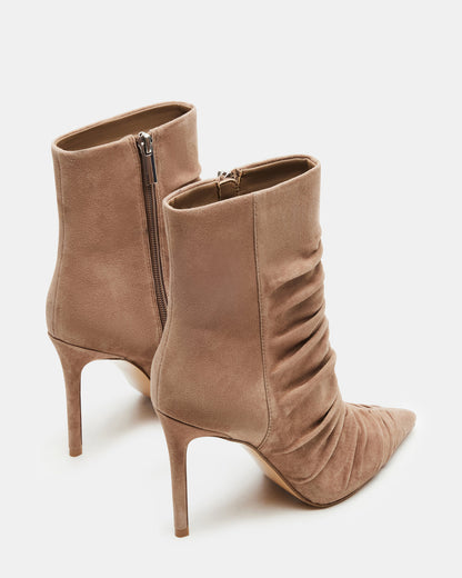 TEASE Taupe Suede Ruched Pointed Toe Ankle Boot | Women's Booties - Steve Madden