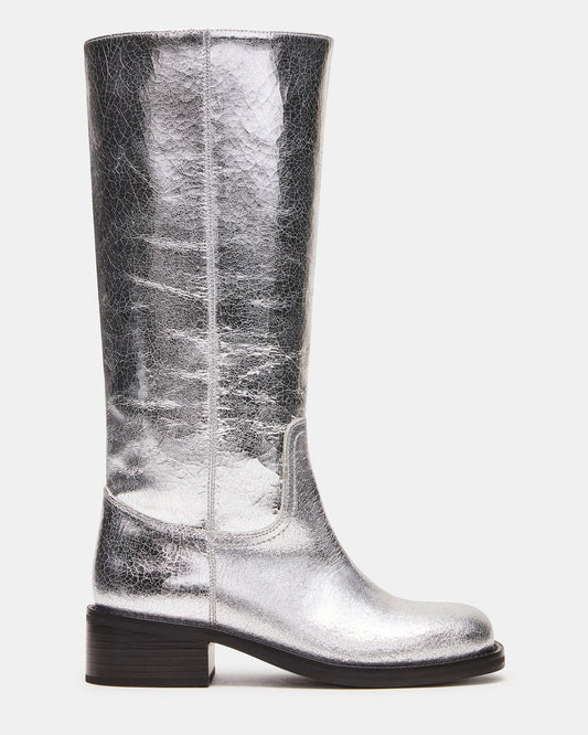 RIGGS Silver Leather Square-Toe Women's Boot - Steve Madden