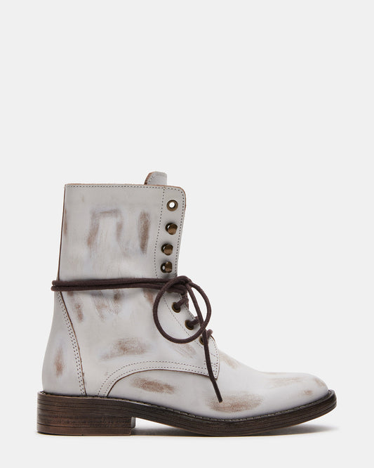 DEVIE White Leather Lace-Up Combat Bootie | Women's Booties - Steve Madden