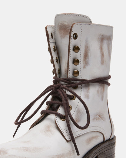 DEVIE White Leather Lace-Up Combat Bootie | Women's Booties - Steve Madden