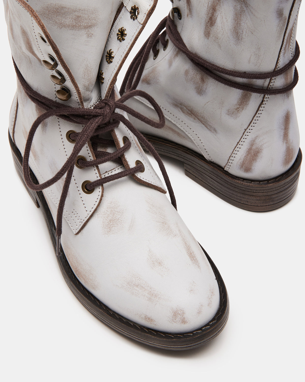 DEVIE White Leather Lace-Up Combat Bootie | Women's Booties - Steve Madden