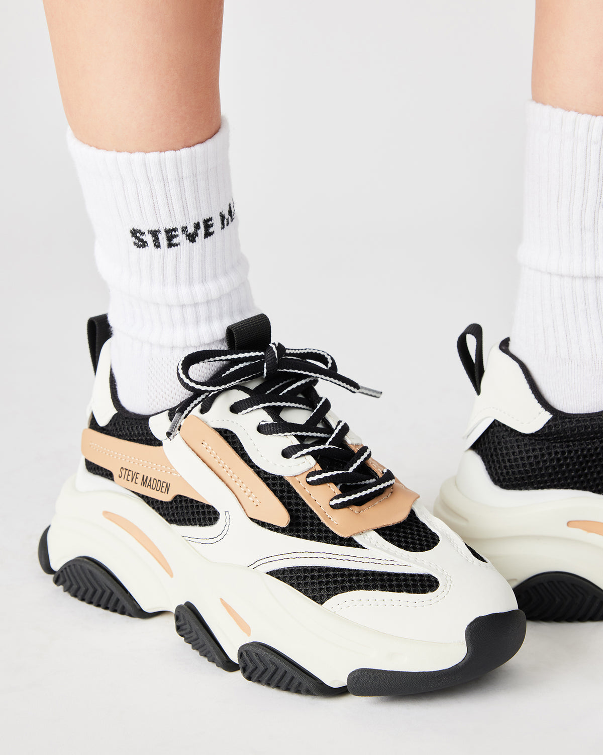 POSSESSION Black/Tan Platform Lace-Up Women's Sneaker - Steve Madden