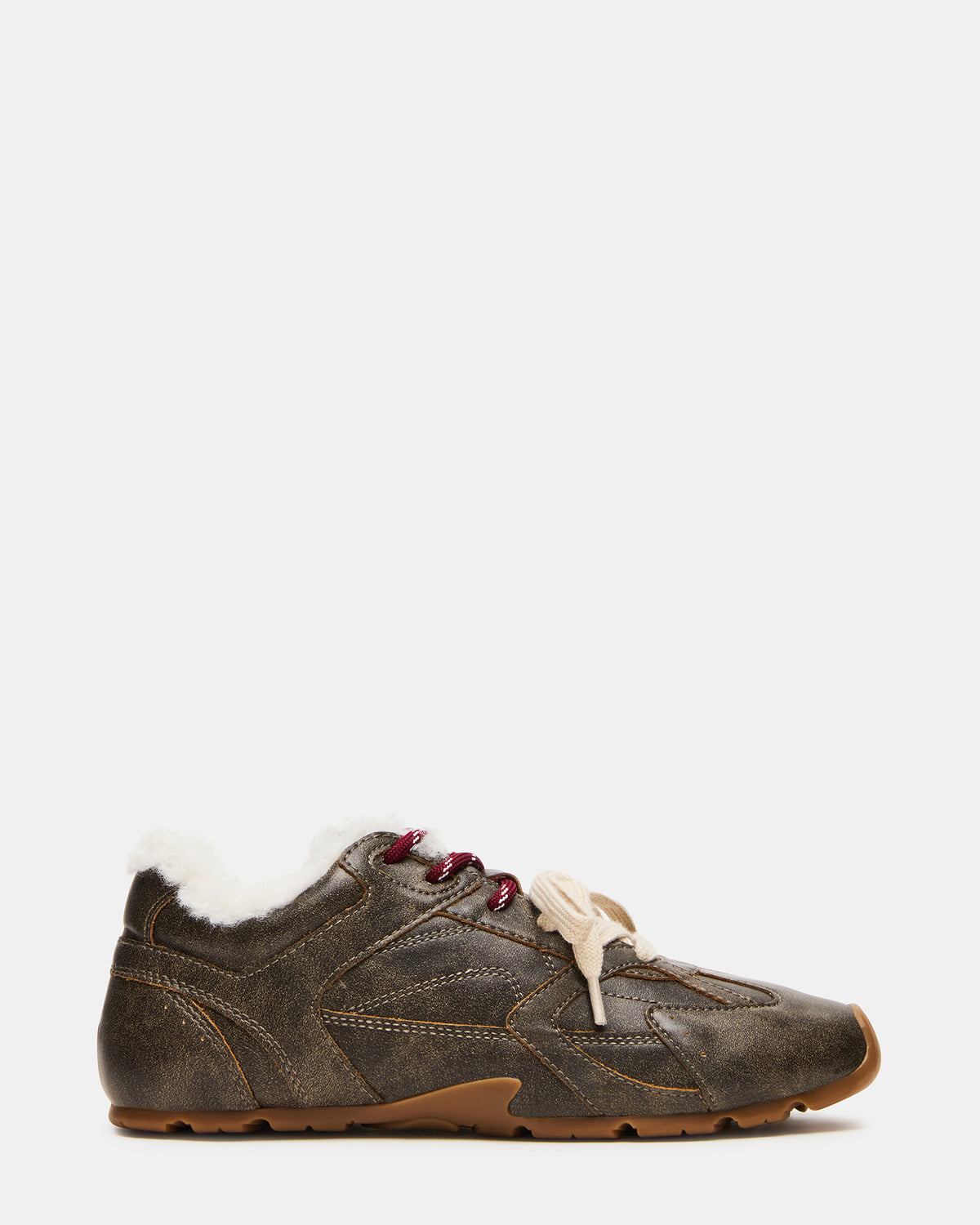 AZIEL Faux Fur Brown Distressed Low-Top Lace-Up Women's Sneakers - Steve Madden