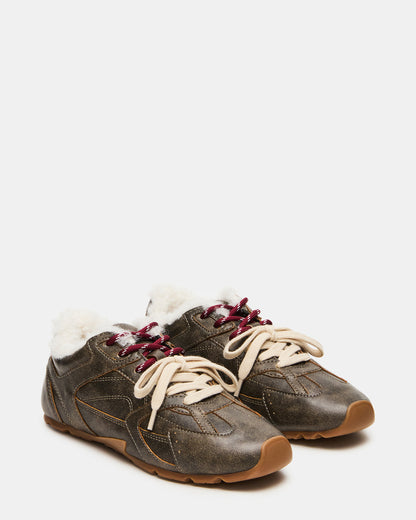 AZIEL Faux Fur Brown Distressed Low-Top Lace-Up Women's Sneakers - Steve Madden