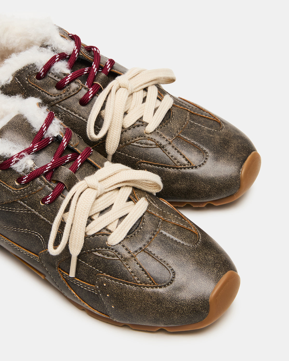 AZIEL Faux Fur Brown Distressed Low-Top Lace-Up Women's Sneakers - Steve Madden