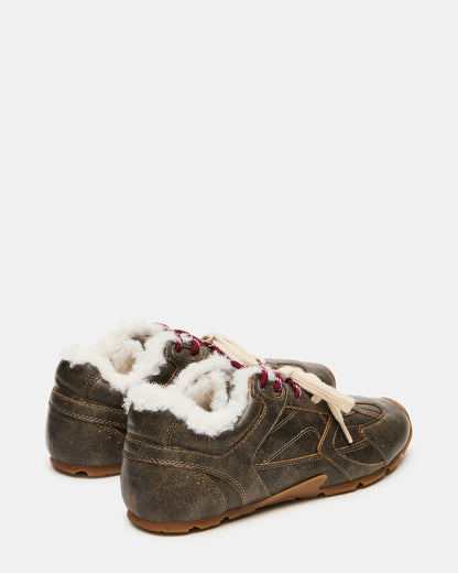 AZIEL Faux Fur Brown Distressed Low-Top Lace-Up Women's Sneakers - Steve Madden