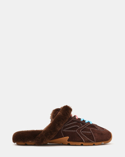 AZIEL MULE Faux Fur Chocolate Brown Suede Low-Top Lace-Up Slip-On Women's Sneaker - Steve Madden