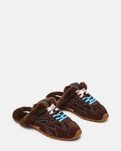 AZIEL MULE Faux Fur Chocolate Brown Suede Low-Top Lace-Up Slip-On Women's Sneaker - Steve Madden