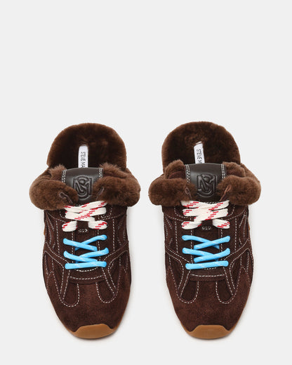 AZIEL MULE Faux Fur Chocolate Brown Suede Low-Top Lace-Up Slip-On Women's Sneaker - Steve Madden
