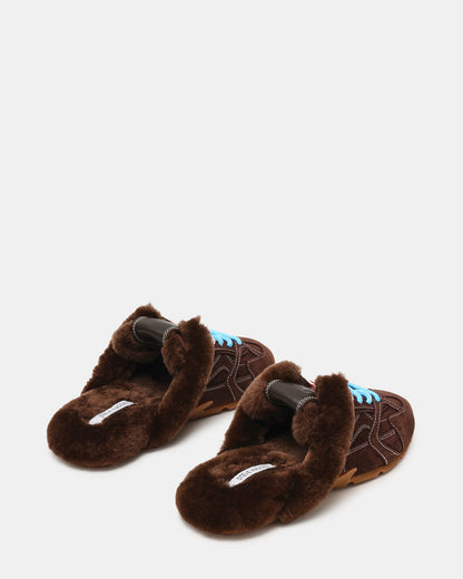 AZIEL MULE Faux Fur Chocolate Brown Suede Low-Top Lace-Up Slip-On Women's Sneaker - Steve Madden
