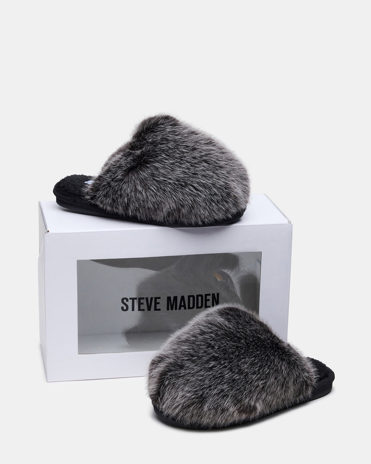 POOF GREY Slip-On Faux Fur Mule Women's Flat - Steve Madden