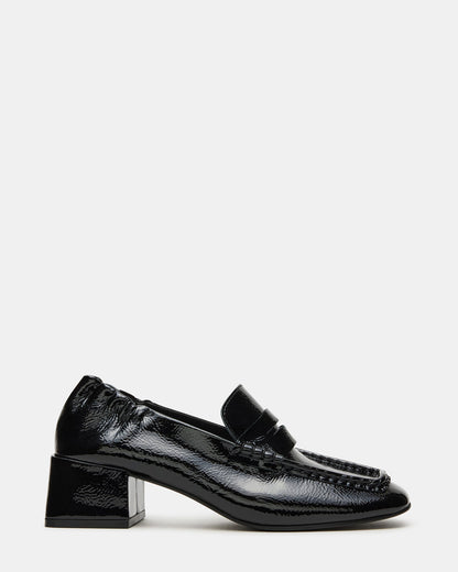 ESTEE Black Crinkle Patent Square-Toe Heeled Women's Loafer - Steve Madden