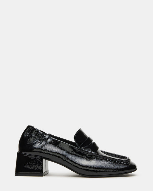 ESTEE Black Crinkle Patent Square-Toe Heeled Women's Loafer - Steve Madden